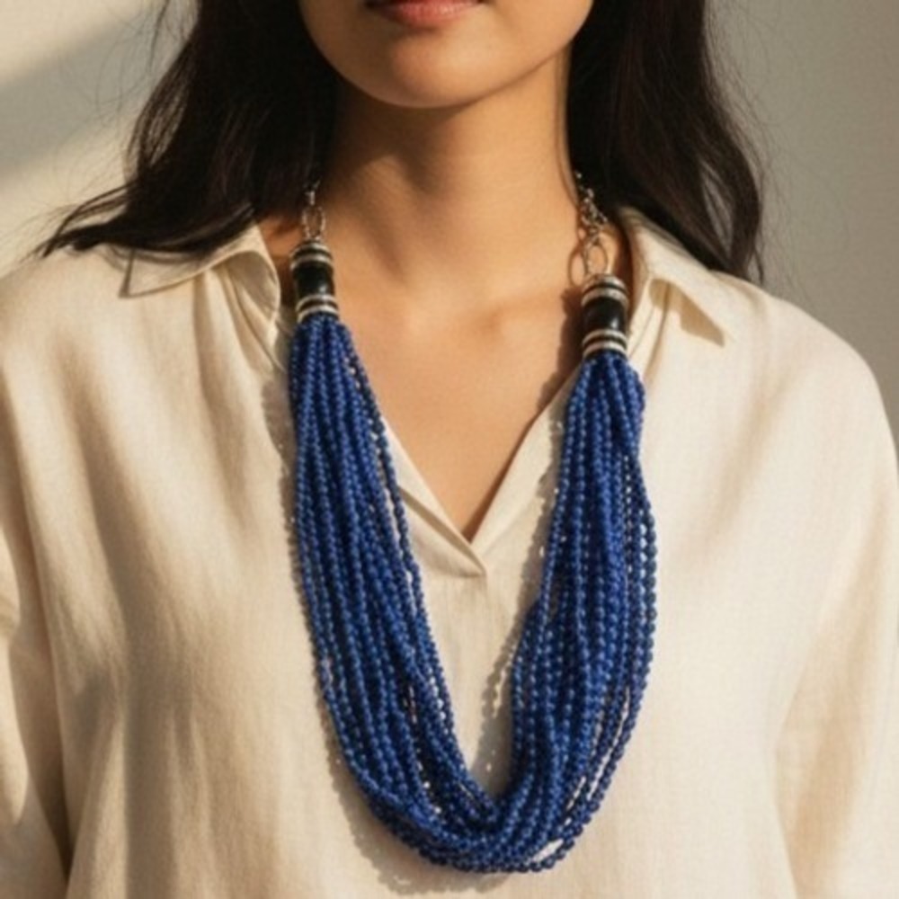 Blue Multi Strand Glass Bead Statement Necklace Boho Vintage Anthropologie Style
